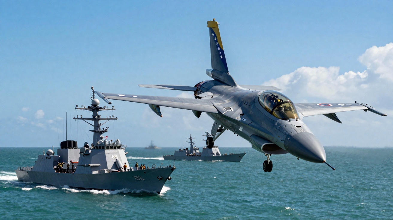 Caça furtivo voando baixo sobre navios de guerra no mar com céu azul e nuvens ao fundo.