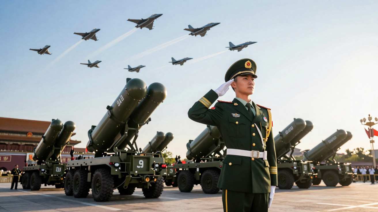 Militar a cumprimentar com veículos militares e jatos a sobrevoar durante desfile ao pôr do sol.