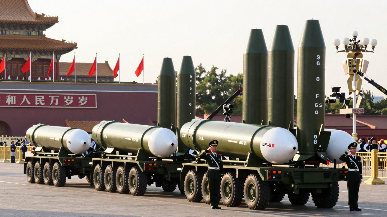 Carroças militares com mísseis nucleares exibidas numa parada em praça histórica na China.