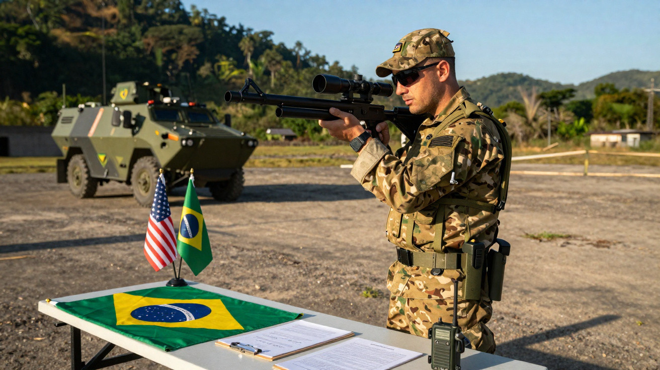 Soldado em equipamento militar a apontar uma arma numa área ao ar livre com bandeiras dos EUA e do Brasil.