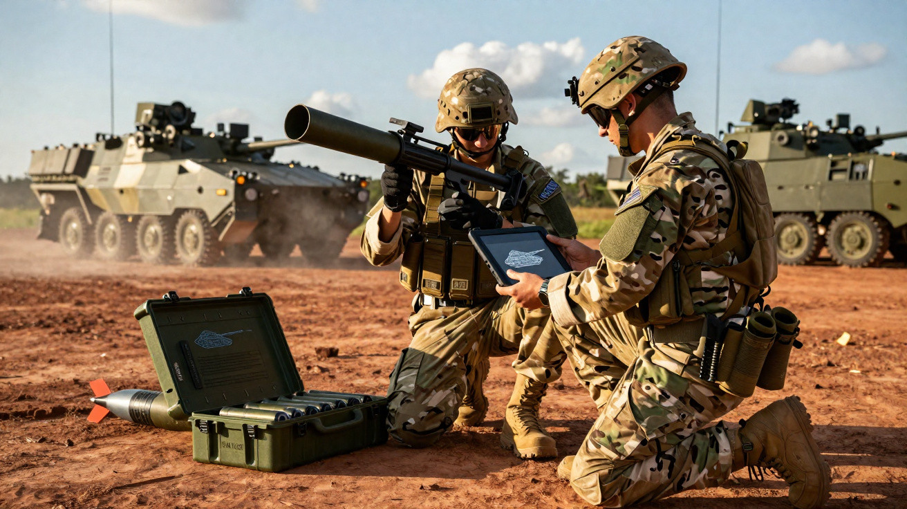 Dois soldados em uniforme camuflado preparam lançador de foguetes com viaturas blindadas ao fundo.