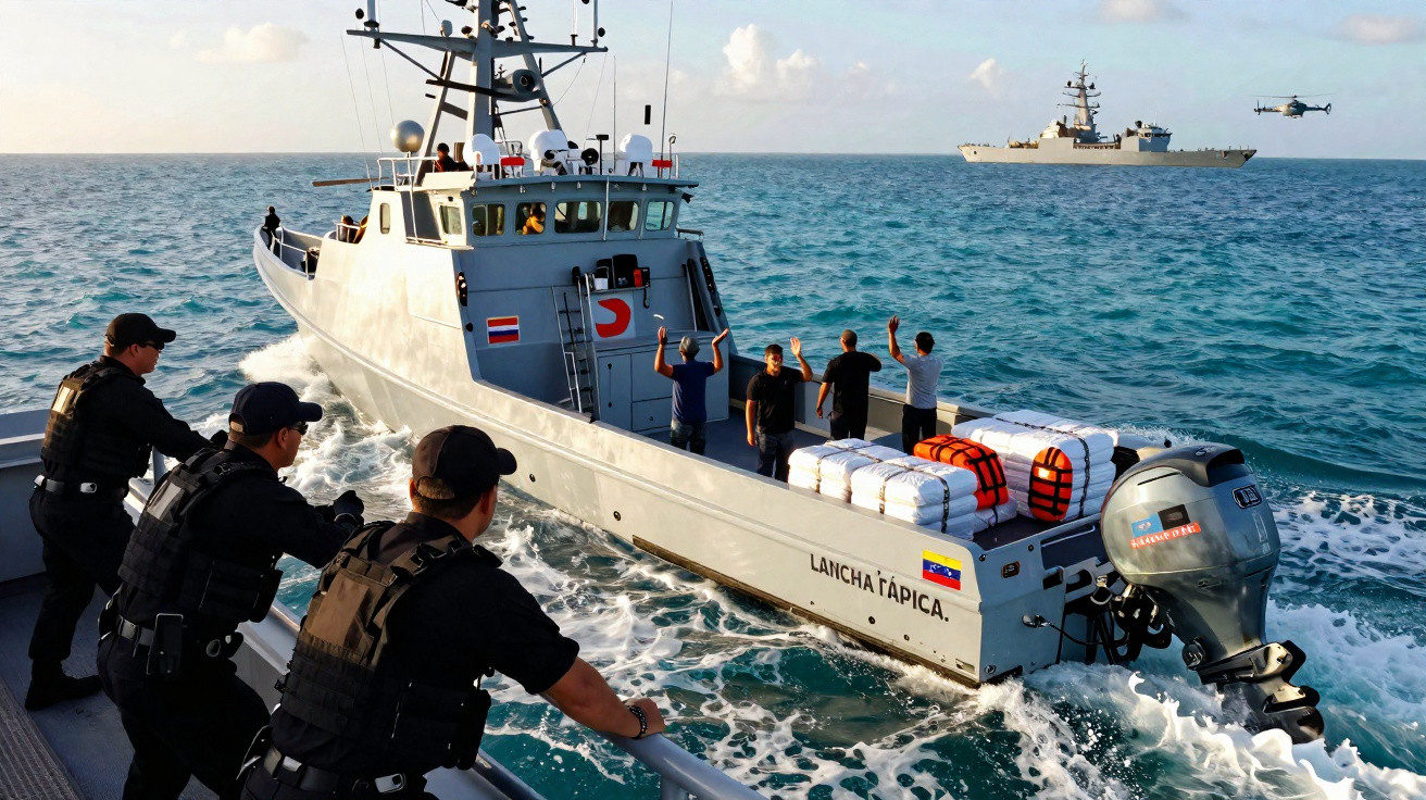 Guarnição policial aborda barco com várias pessoas e cargas no mar, enquanto navio militar e helicóptero vigiam ao longe.