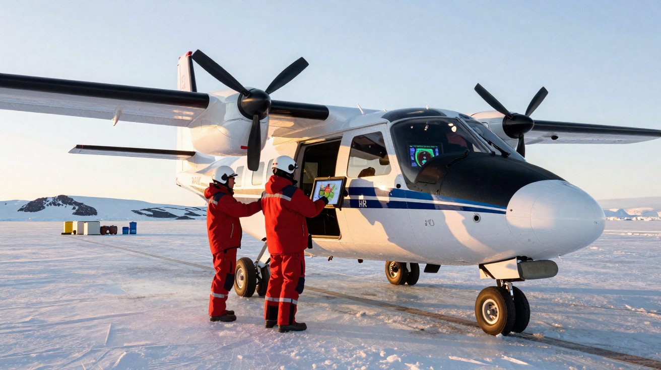 Dois técnicos com roupas vermelhas junto a um avião de asas altas na pista coberta de neve.