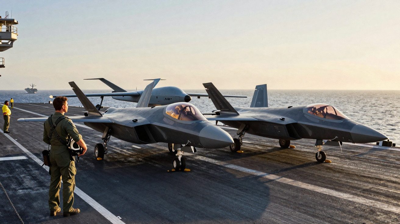 Dois caças stealth estacionados no convés de um porta-aviões com um piloto e marinha ao redor.