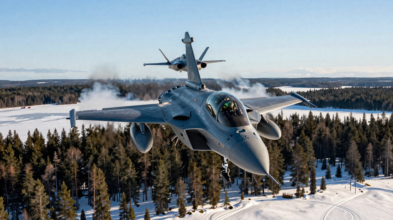 Dois aviões militares a voar em formação sobre uma paisagem de floresta e neve.