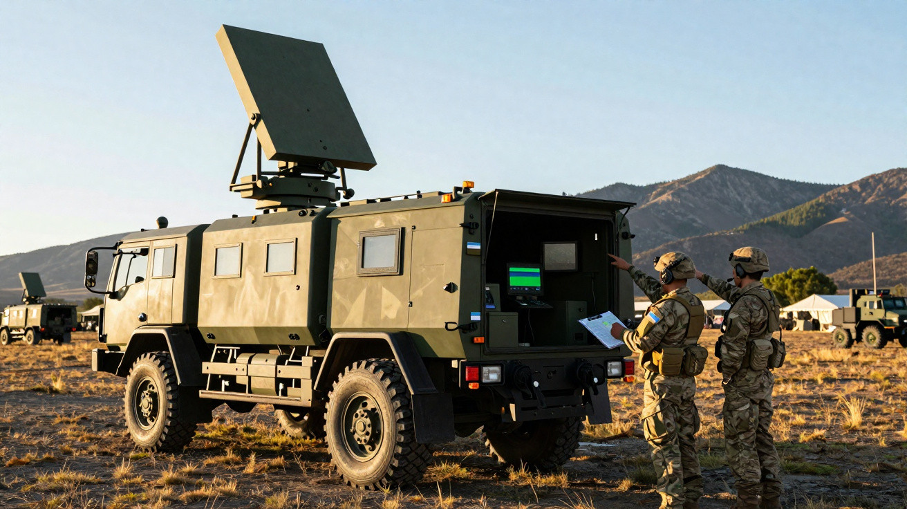 Carro militar com antena radar elevada, soldados em uniforme camuflado e montanhas ao fundo ao pôr do sol.