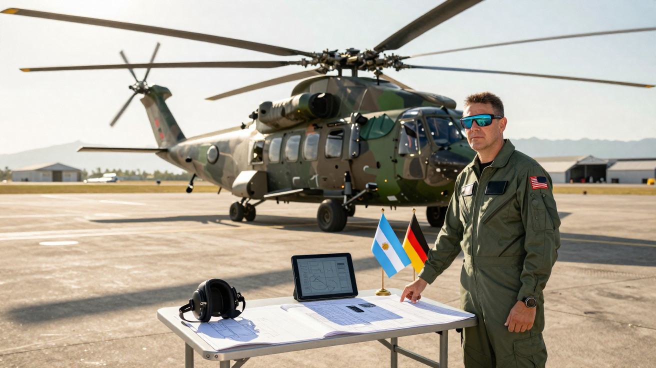 Militar com fato de voo junto a mesa com mapas, auscultadores e bandeiras da Argentina e Alemanha, helicóptero camuflado ao f