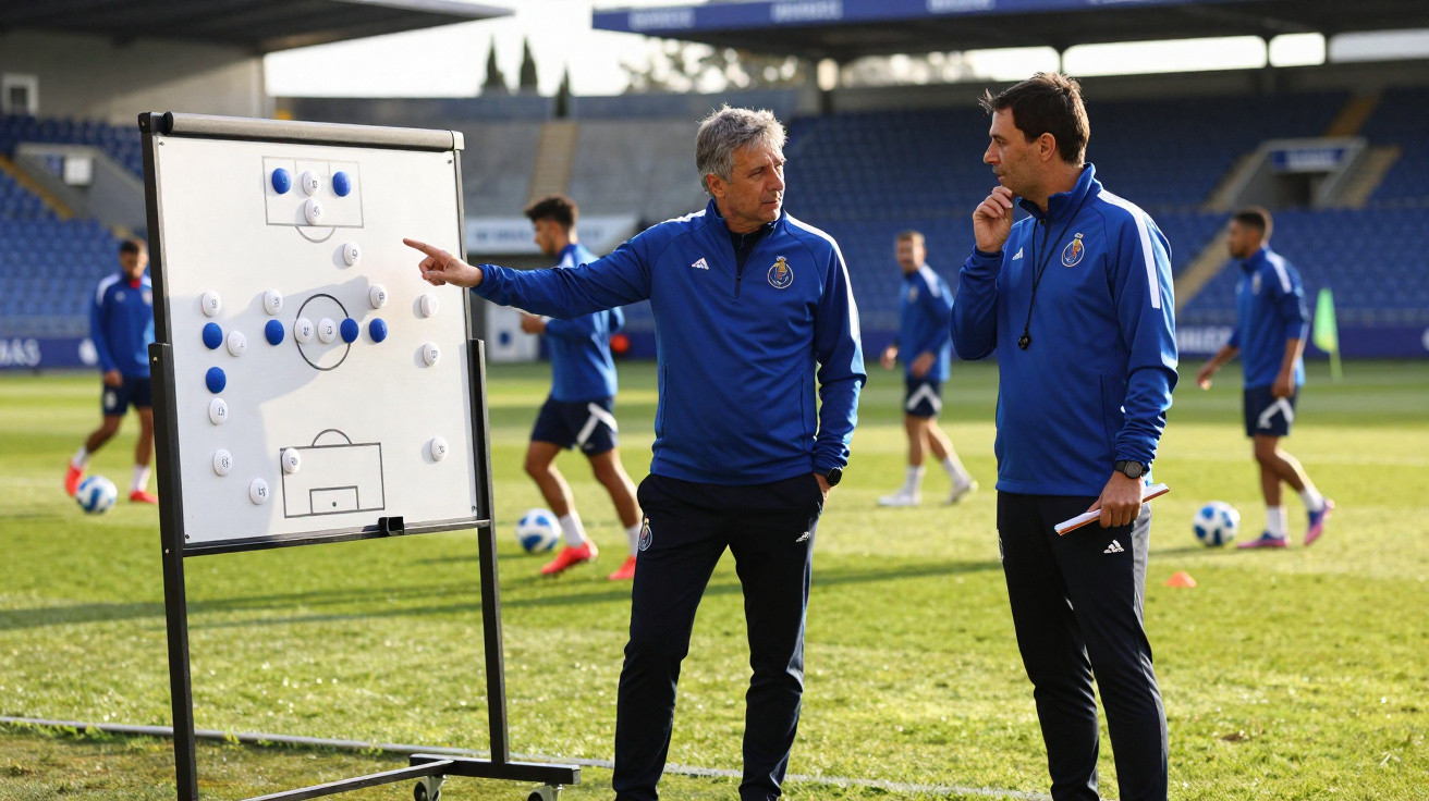 Dois treinadores de futebol em campo discutem estratégias junto a um quadro tático, com jogadores a treinar ao fundo.