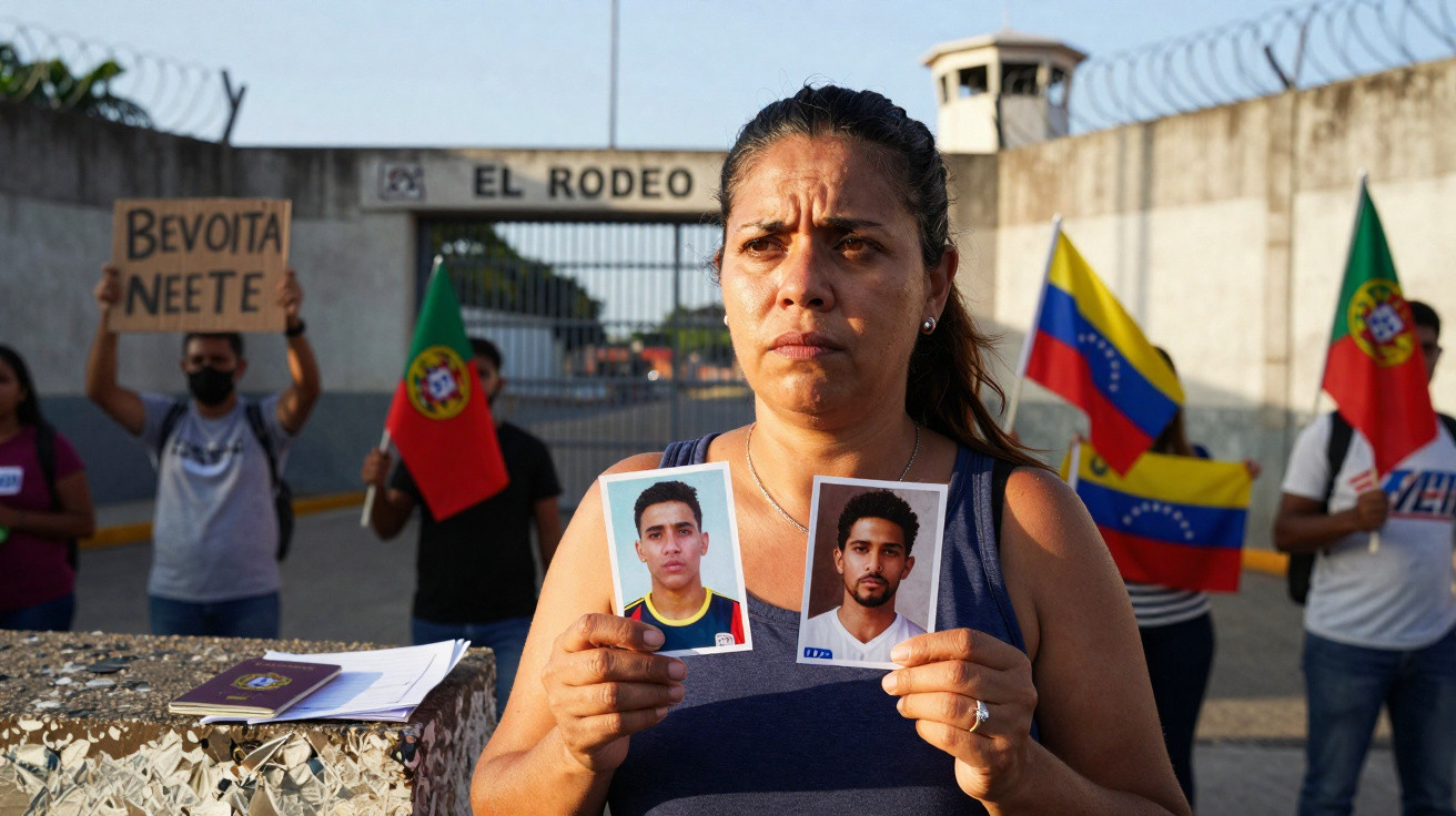 Mulher segura fotos de dois jovens à frente da prisão El Rodeo, com protestantes e bandeiras ao fundo.