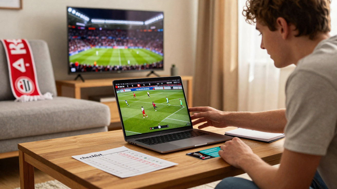 Homem sentado a ver jogo de futebol no computador, com jogo de futebol na televisão ao fundo.