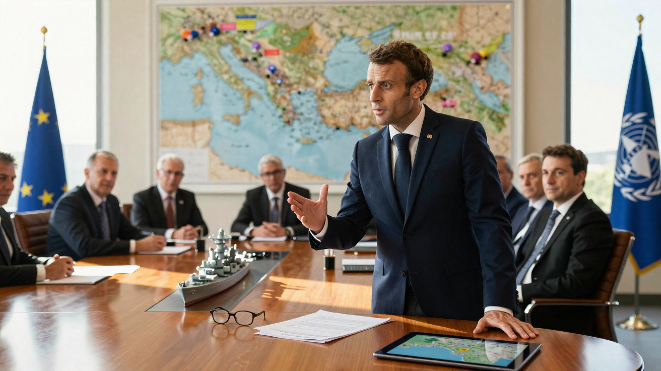 Homem de fato azul escuro discursa em reunião com mapas e bandeiras da UE e ONU ao fundo.