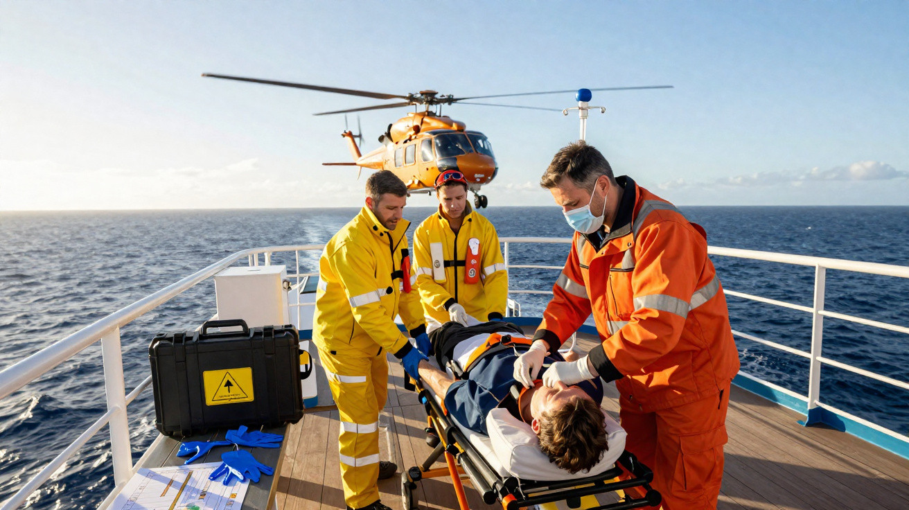 Equipa médica a prestar primeiros socorros a paciente em maca num navio com helicóptero ao fundo no mar.