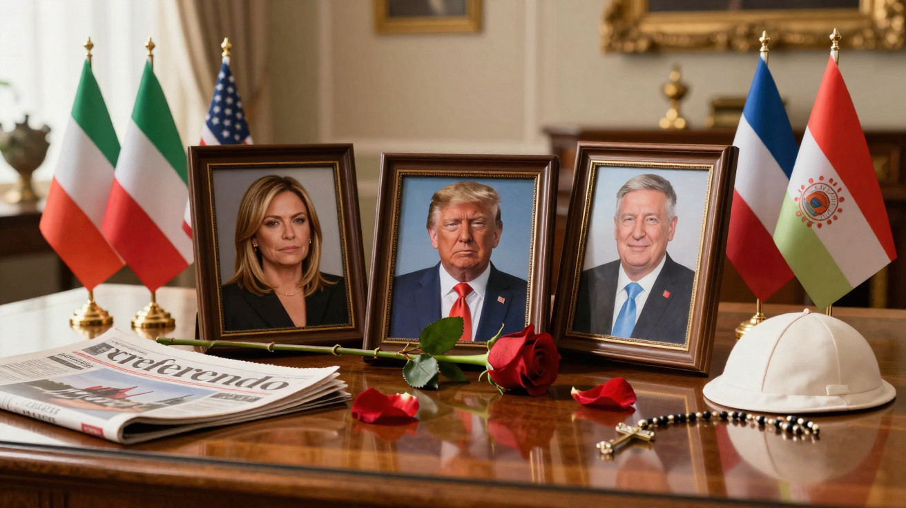 Três retratos em molduras com uma rosa vermelha, jornais, crucifixo, chapéu branco e bandeiras numa mesa de madeira.