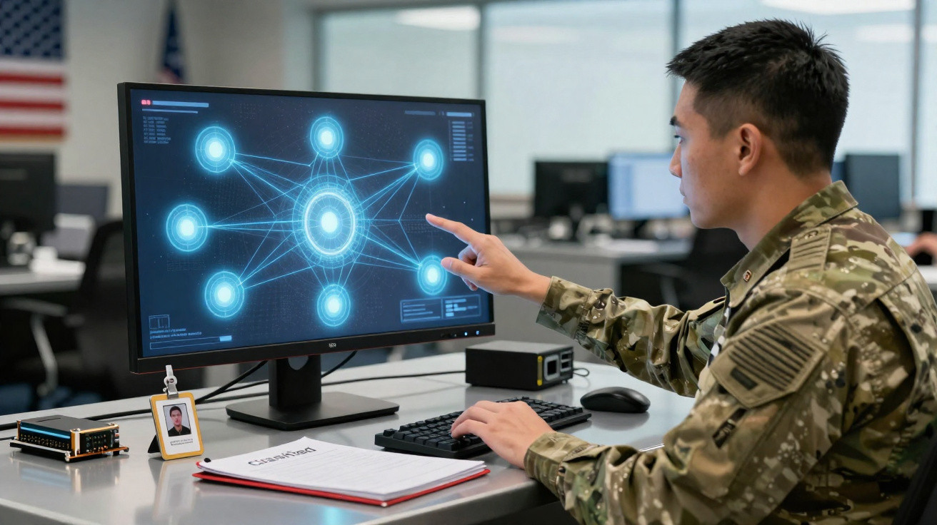 Militar em uniforme a interagir com um écran que mostra rede digital de conexões iluminadas.