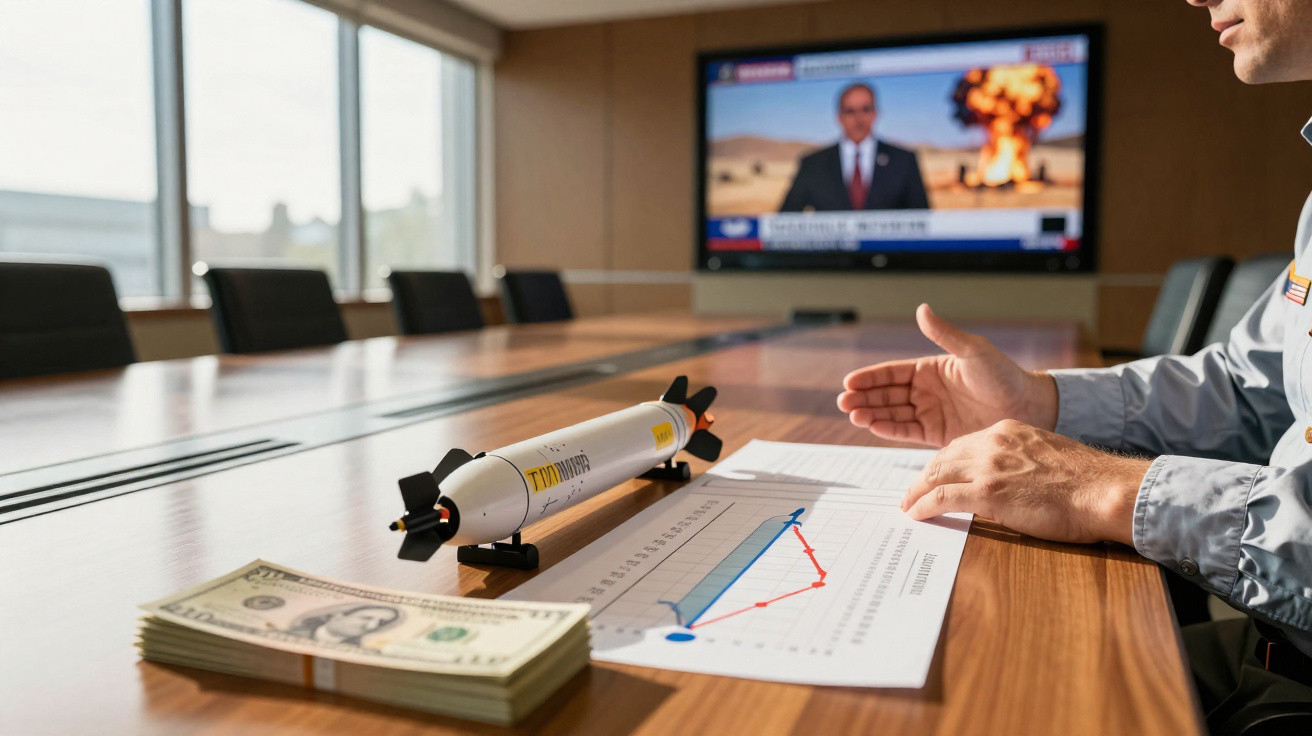 Sala de reuniões com maquete de míssil, gráfico financeiro, dinheiro e televisão a mostrar explosão nuclear.