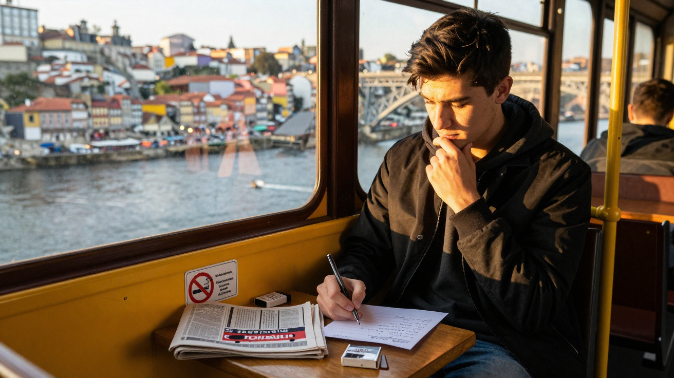 Jovem escreve numa folha com vista para o rio e casas coloridas numa carruagem de transporte público.