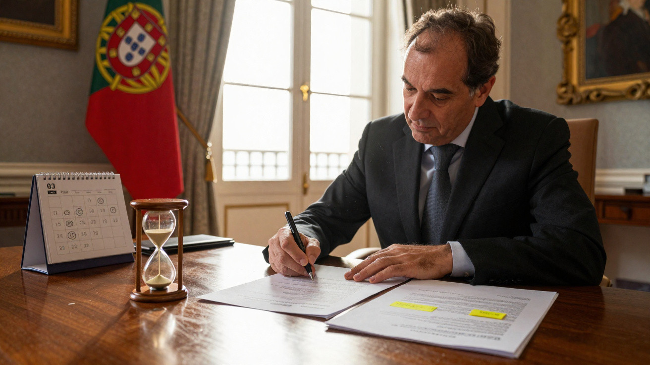 Homem de fato a assinar documentos num escritório com bandeira de Portugal ao fundo.