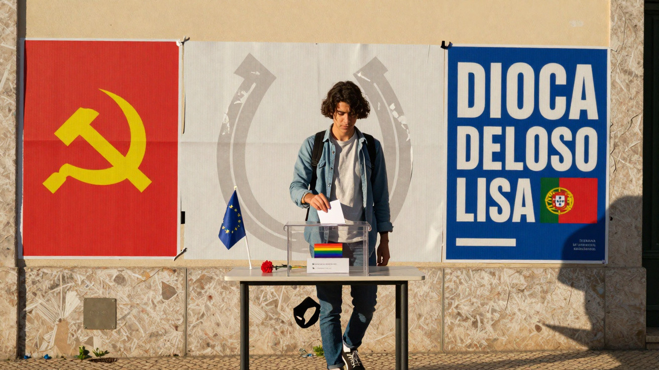 Jovem a votar numa urna transparente, com cartazes de campanhas eleitorais e bandeira da União Europeia ao lado.