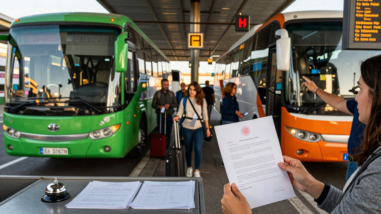 Estação de autocarros com passageiros a embarcar e rececionista a verificar documentos num balcão.