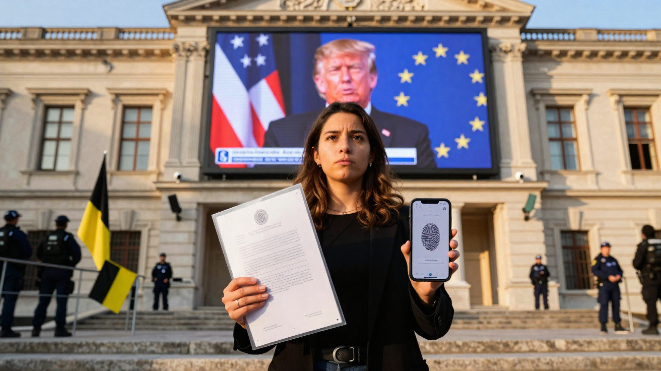 Mulher segura documento e telemóvel com impressão digital, com ecrã de Trump e bandeiras ao fundo.