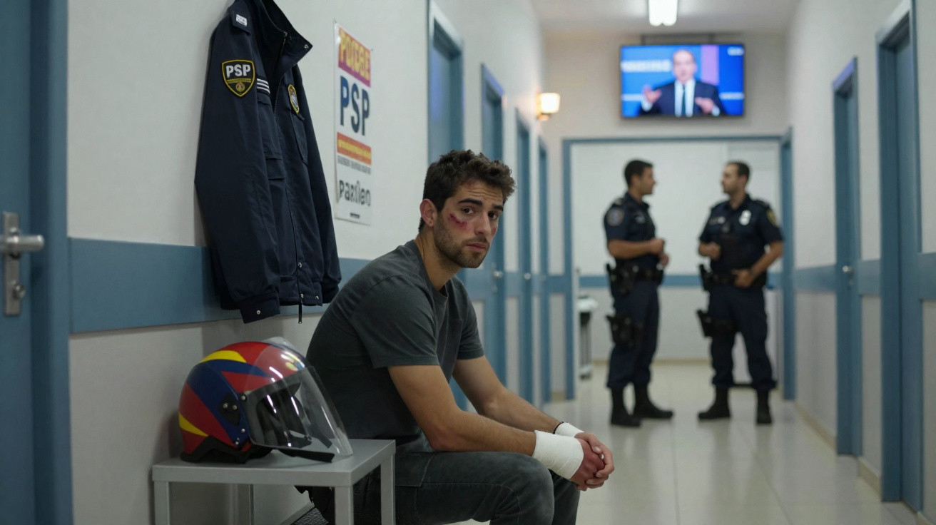 Homem ferido com curativos sentado em corredor de esquadra, com dois polícias ao fundo e capacete colorido ao lado.