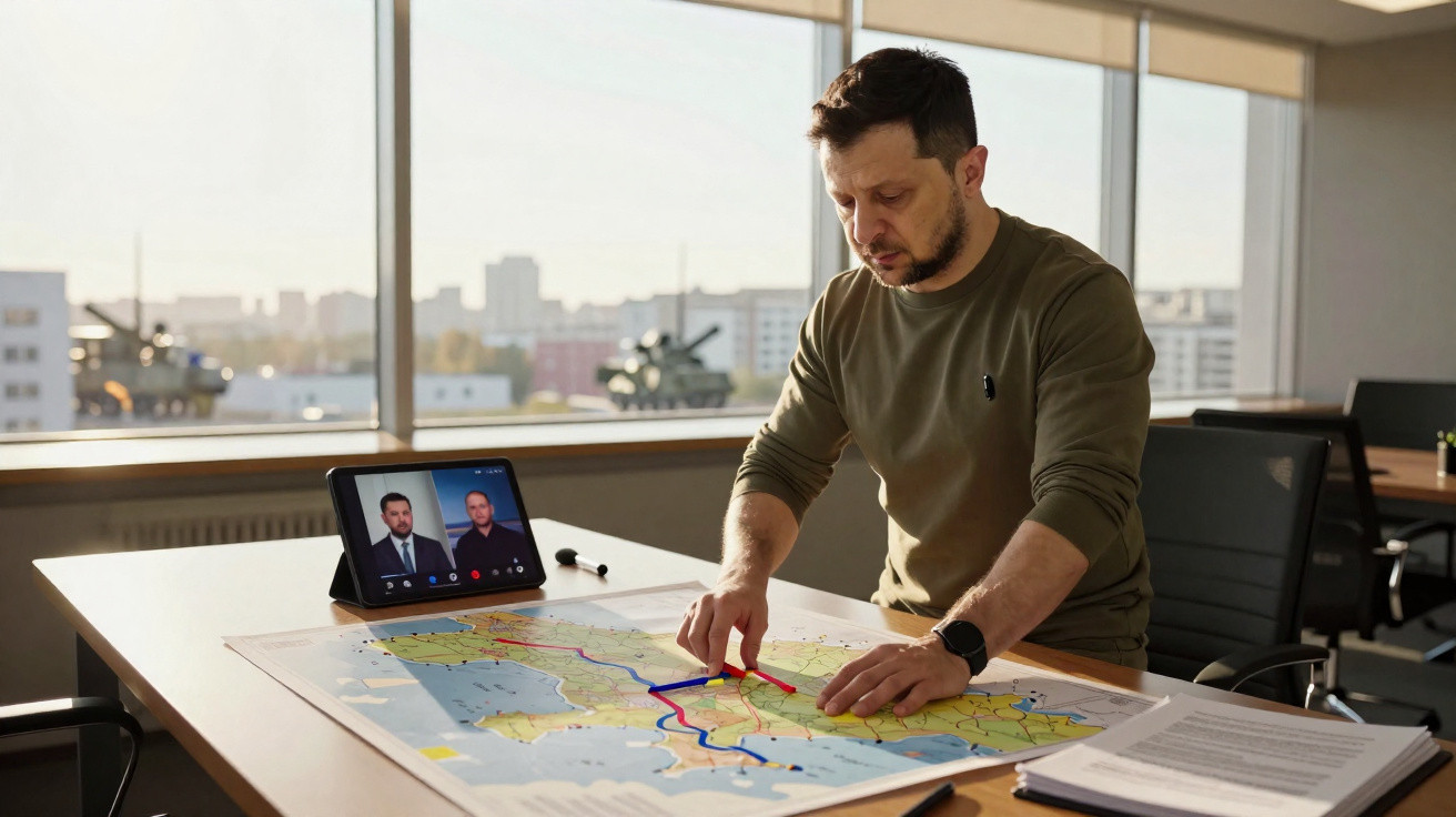Homem a analisar mapa sobre mesa com duas pessoas em videoconferência num tablet ao fundo numa sala iluminada.