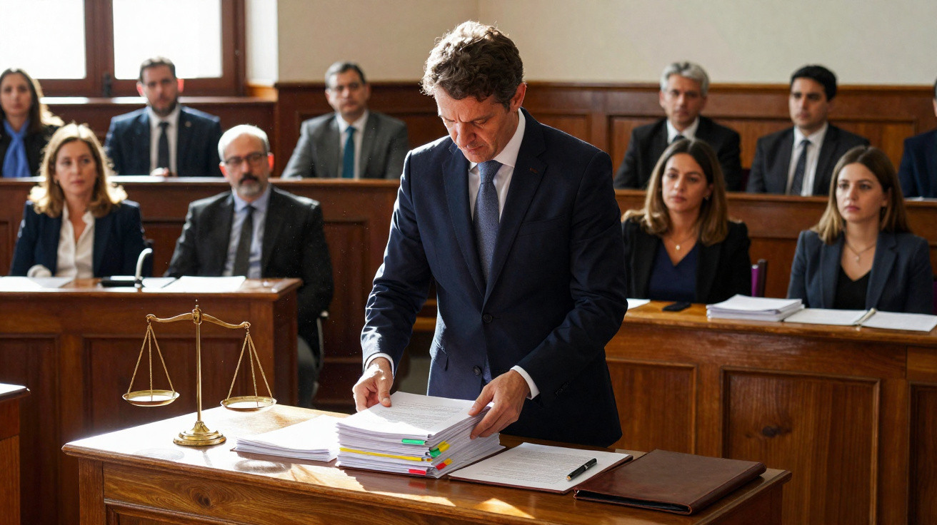 Homem de fato prepara documentos numa sala de tribunal com várias pessoas a observar.