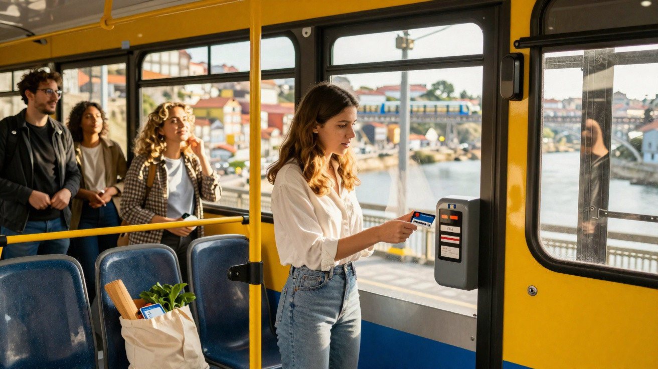 Mulher a validar bilhete com cartão num autocarro amarelo com passageiros e paisagem urbana ao fundo.