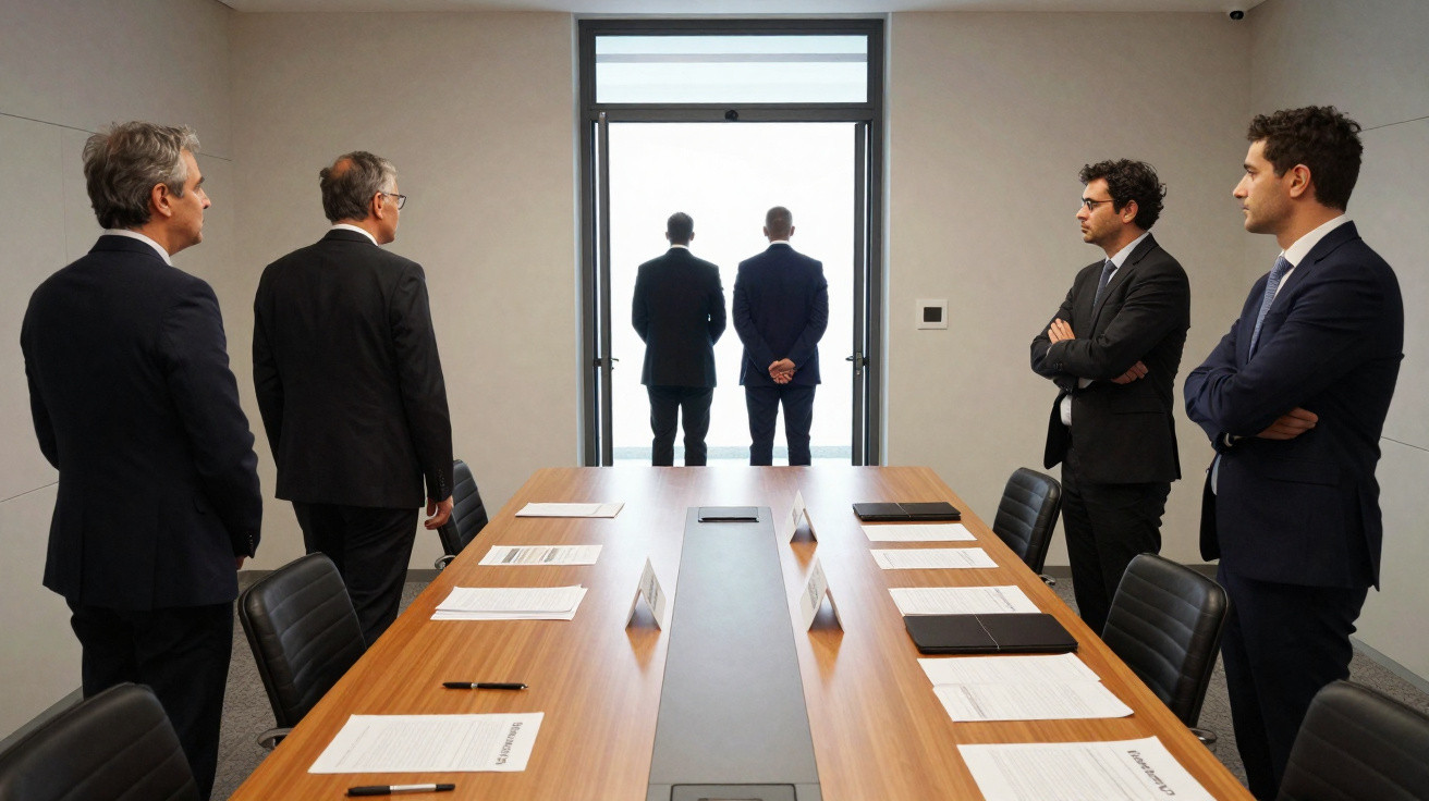 Cinco homens de fato de pé numa sala de reuniões junto a uma mesa com documentos, dois olham para uma janela.