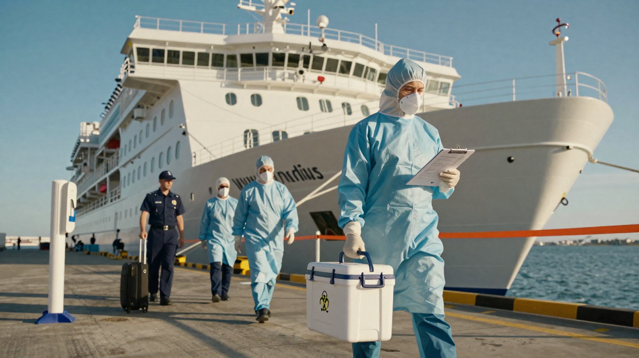 Equipa médica em fatos de proteção caminha no cais ao lado de navio para recolha de amostras biológicas.