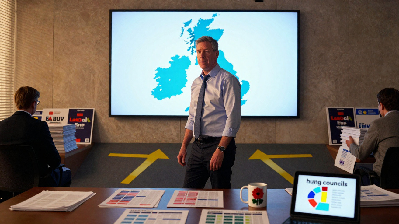 Homem de camisa azul em sala de reuniões com mapa do Reino Unido e gráficos de dados à sua volta