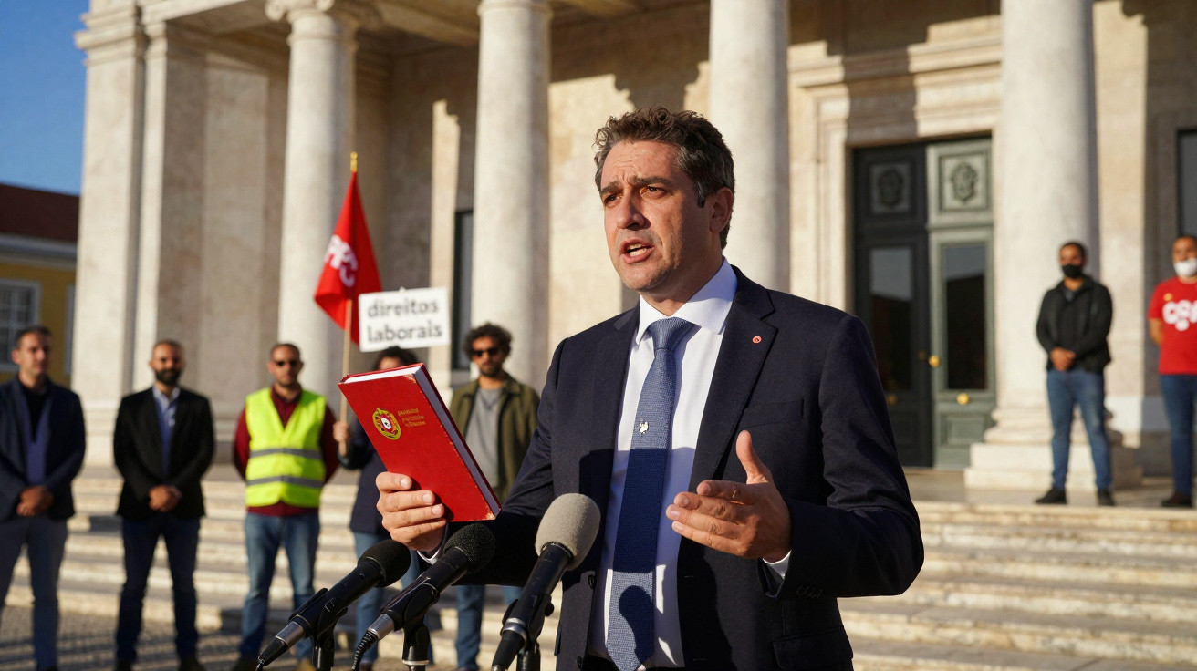 Homem discursando formalmente com livro vermelho em frente a grupo e colunas de um edifício histórico.