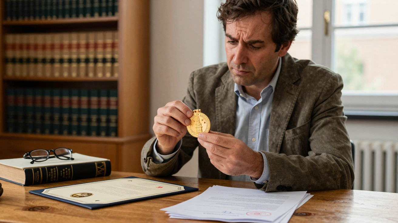 Homem sentado a analisar medalha dourada junto a documentos numa mesa de madeira numa sala com estantes.