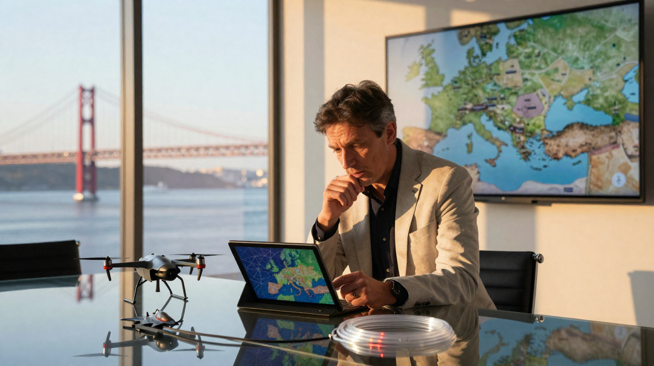 Homem em sala moderna analisa mapas em tablet, com drone e ponte visíveis ao fundo junto ao rio.
