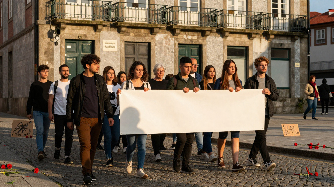 Grupo de jovens a marchar com faixa branca em protesto numa praça com pedras e flores espalhadas.