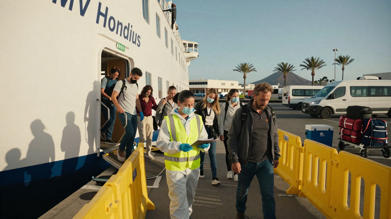 Passageiros com máscaras a desembarcar de um navio, com funcionária de colete refletor a verificar documentos.