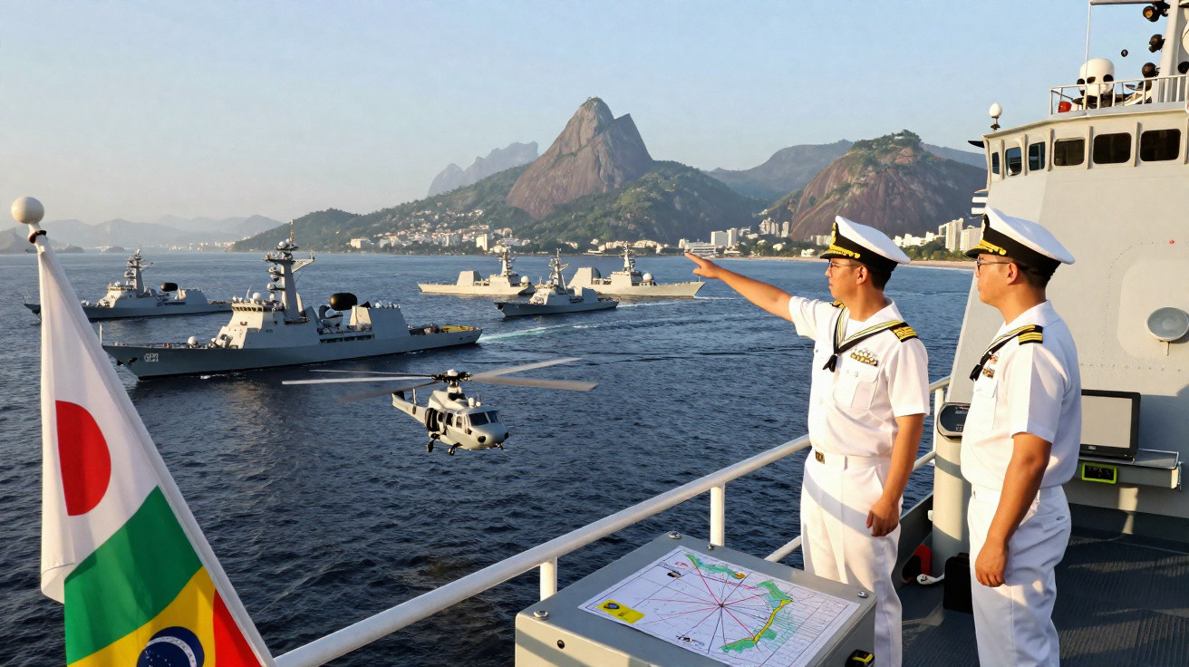 Dois oficiais navais observam uma frota de navios de guerra e um helicóptero no mar com montanhas ao fundo.