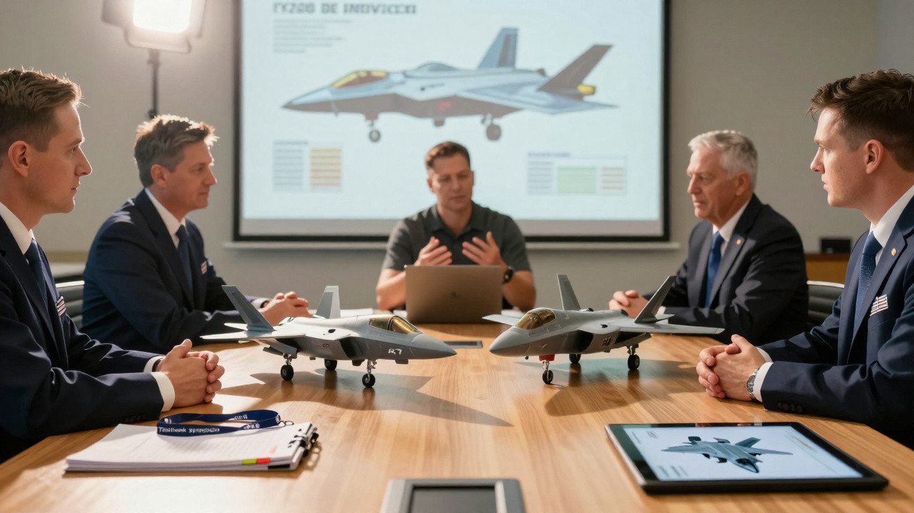 Reunião de cinco homens à mesa com modelos de aviões de caça e projeção de desenho técnico.