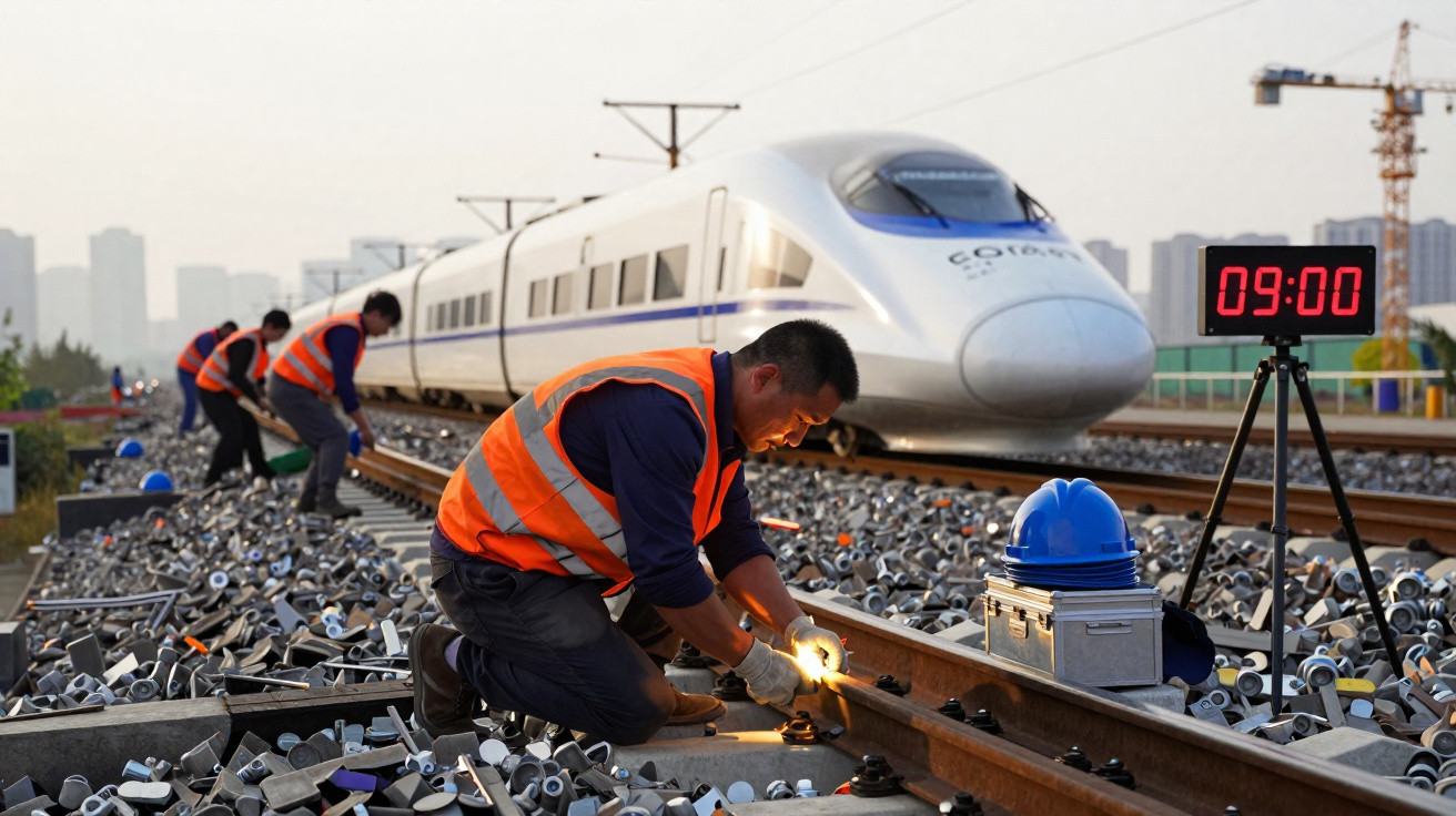 Trabalhadores com coletes laranjas fazem manutenção em carril ferroviário com comboio de alta velocidade ao fundo.