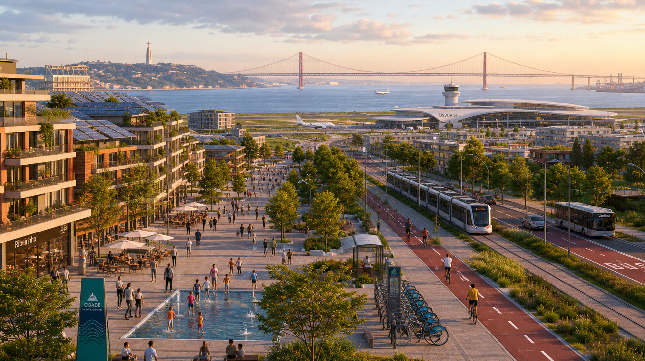 Vista do parque urbano perto do aeroporto de Lisboa com pessoas, ciclovia, eléctrico, rio Tejo e ponte 25 de Abril ao fundo.