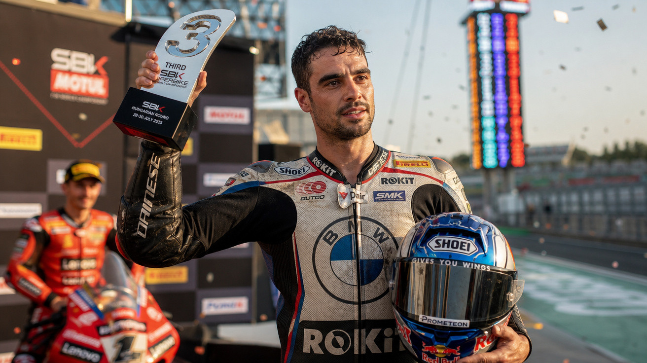 Piloto de moto segurando troféu do 3º lugar e capacete após corrida do campeonato SBK Motul.