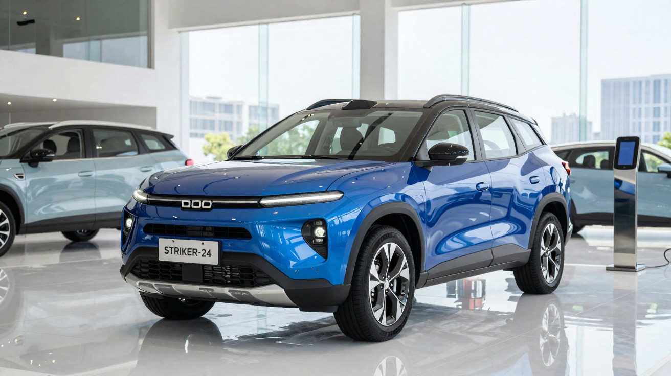 SUV elétrico azul D00 Striker-24 exibido numa loja moderna e iluminada com janelas grandes.