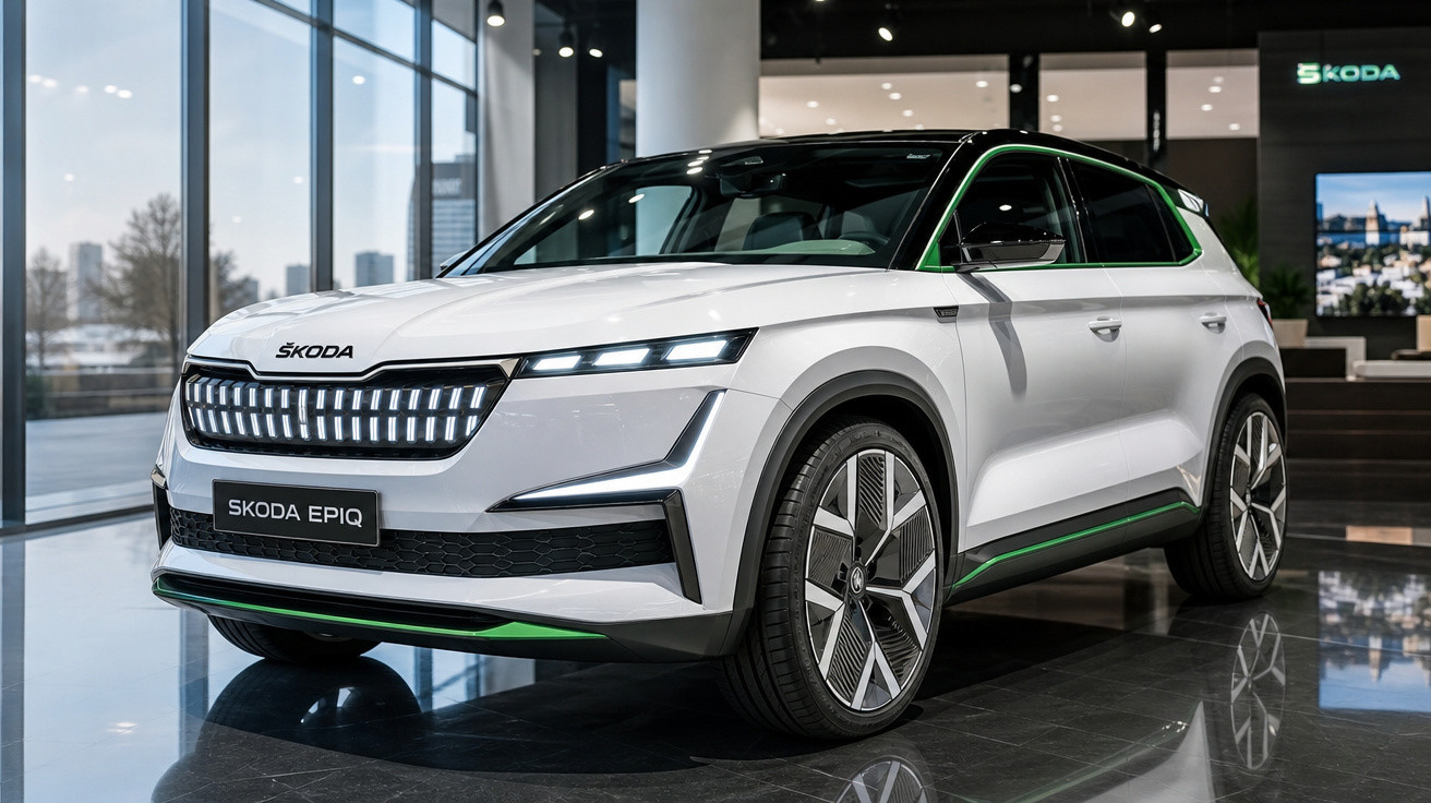 Carro elétrico Škoda Epiq branco exposto em showroom moderno com decoração minimalista.