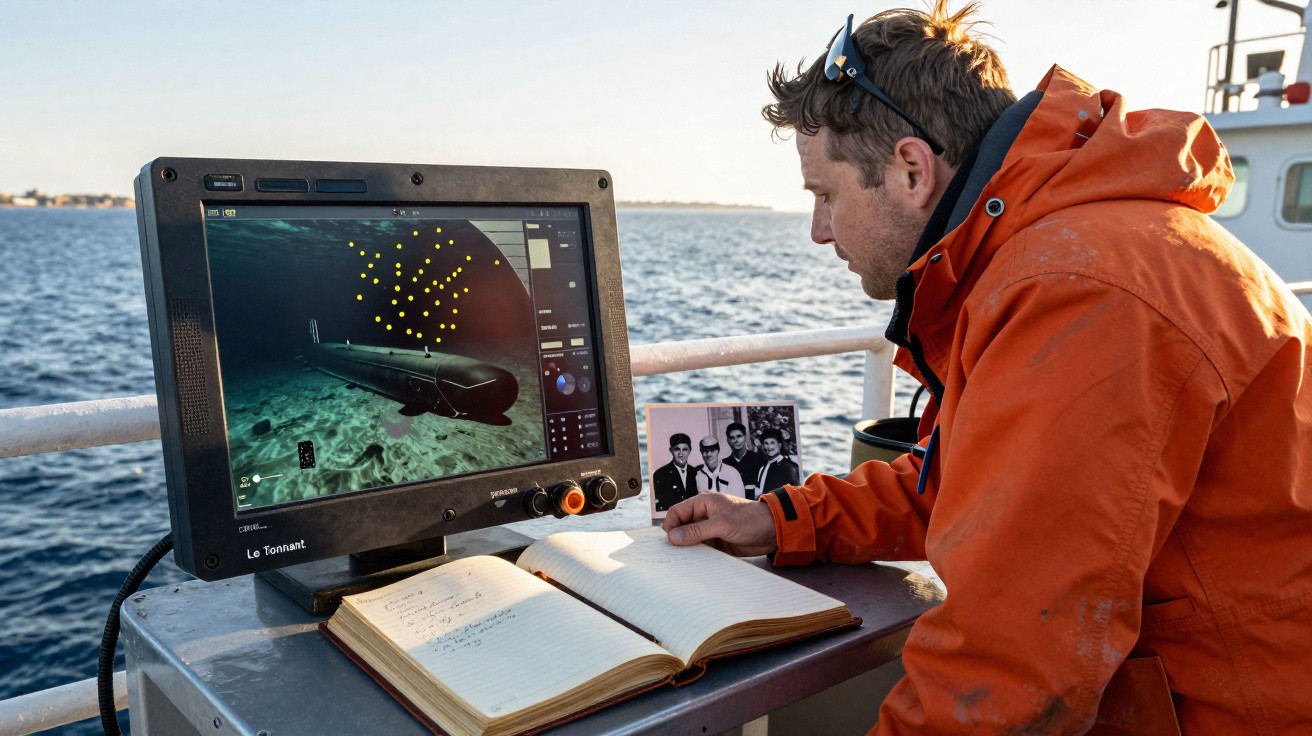 Homem com casaco laranja observa e regista dados num caderno em frente a monitor com imagem subaquática num barco no mar.
