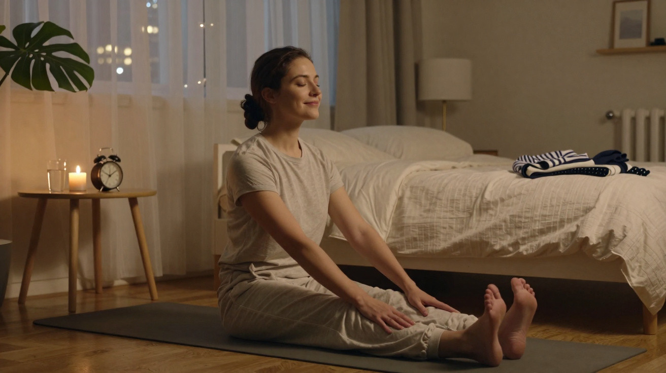 Mulher sentada no tapete a alongar pernas no quarto com luz suave ao entardecer.