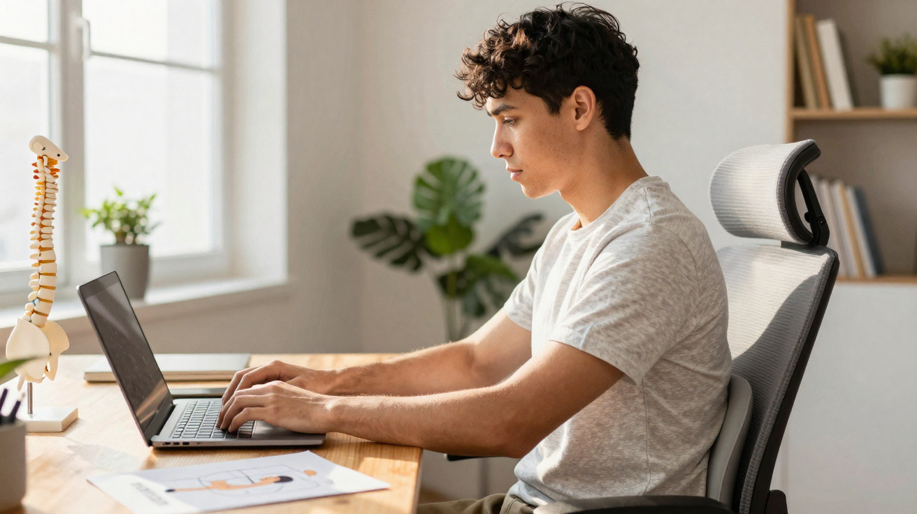 Jovem sentado numa cadeira ergonómica a trabalhar num portátil numa mesa com modelo de coluna e plantas.