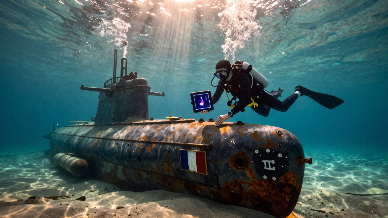 Mergulhador em equipamento completo inspeciona mini submarino enferrujado no fundo do mar com luz solar a penetrar a água.