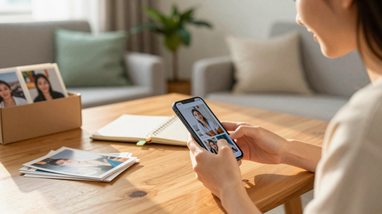 Pessoa a selecionar fotos no telemóvel, com fotografias impressas e caderno numa mesa de madeira em casa.