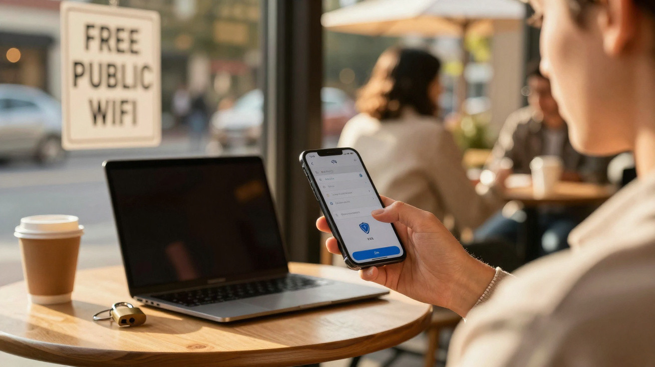 Pessoa a usar smartphone com laptop e café numa mesa de café com sinal de Wi-Fi grátis ao fundo.