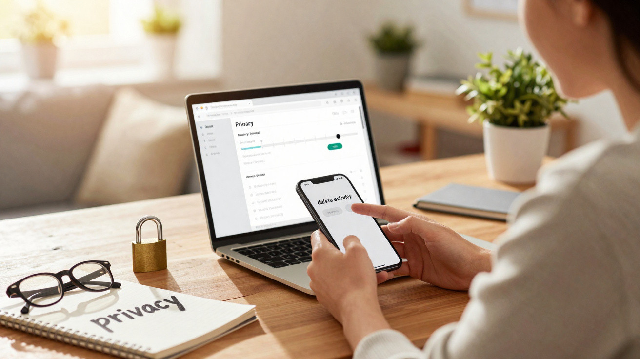 Pessoa a usar telemóvel e portátil numa secretária com tema de privacidade e segurança de dados.